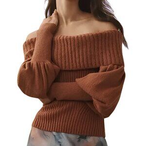 NWT Anthropologie The Tessa Off-The-Shoulder Puff-Sleeve Sweater Mauve Size S